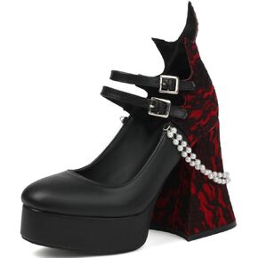 KOKOMOMO Womens Lace Flower Heels Goth Platform Shoes Chunky High Heel Mary Janes Gothic Shoe