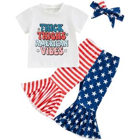 Toddler Baby Girl 4th of July Outfits American Flag Flare Pants Kids Bell Bottom Fourth of July Clothes Set