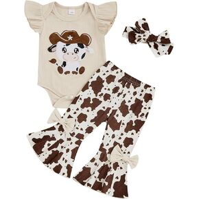 Chloefairy Newborn Baby Girl Western Clothes Cow Print Ruffle Romper Bell Bottom Flare Pants Set Rodeo Summer Cowgirl Outfits