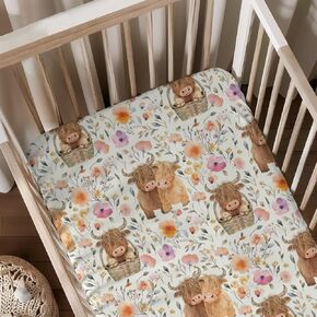 Farm Western Highland Cow Floral Leaves Pattern Baby Sheets for Crib, Unisex Highland Cow Nursery Fitted Bed Sheet for Boys Girls Standard Crib and Toddler Mattress-28x52