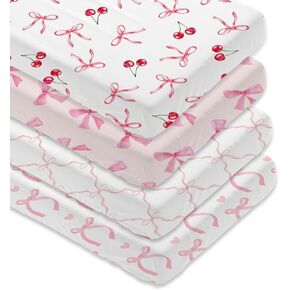 4 Pack Pink Bow Crib Sheet Set for Baby Girl, Soft Breathable Fitted Crib Sheet 28 x 52 in, Nursery Decor for Standard Crib and Toddler Bed Mattresses