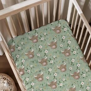 Farm Western Highland Cow Floral Leaves Pattern Baby Sheets for Crib, Unisex Highland Cow Nursery Fitted Bed Sheet for Boys Girls Standard Crib and Toddler Mattress-28x52 in Kuwait