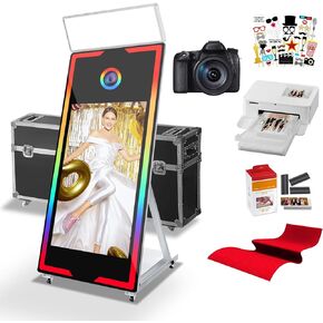 65’’ Magic Mirror Photo Booth, Selfie Mirror Photo Booth with 43’’ Interactive Touch Screen APP Remote Control RGB Light with Flight Case (Black+Camera+Printer)