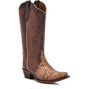 CIRCLE G LADIE'S BROWN-CHOCOLATE PYTHON EMBROIDERY & STUDS, LEATHER SOLE, MALAYOPYTHON RETICULATUS LEATHER, WESTERN BOOTS, L6045