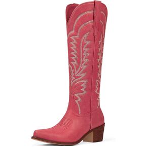 Cowboy Boots for Women - Knee High Cowgirl Boots Pointed Toe Chunky Heel Pull On Classic Embroidered Fashion Retro Western Tall Boots for Women