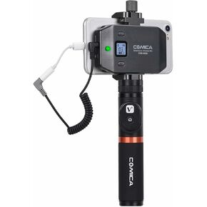 comica Wireless Smartphone/iPhone Microphone, UHF 6 Channels, Integrated Smartphone Holder, 194FT Wireless Range, Built-in Chargeable Battery, Microphone for iPhone Samsung Huawei (CVM-WS50B)- Black
