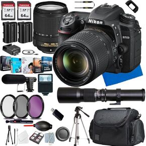 Nikon D7500 DSLR Camera with 18-140mm Lens+Shot-Gun Microphone+Photo Software Package+ Case+128 GIG Memory+500mm f/8.0 Telephoto preset Lens +Slave Flash+Tripod(13PC) Bundle