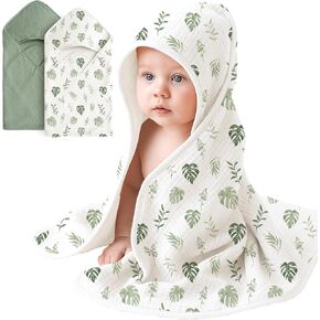 Muslin Baby Hooded Towels 2 Pack – 32x32 Inch Soft Absorbent Cotton Bath Towels with Hanging Loop, for Newborns and Toddlers