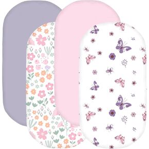 Little Grape Land Bassinet Sheets for Baby Girl 4 Pack, Soft Microfiber Fitted Cradle Sheets 38"x26"x4", Breathable & Snug for Oval/Rectangle Mattress – Pink Floral/Butterfly/Light Pink/Purple
