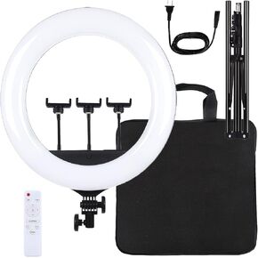 18In/46Cm Ring Light Camera Video Light Kit with 6Ft/1.8M Tripod Support USB 3 Modes Dimmable White LED Ring Fill Light with Remote Control and 3 Phone Clips