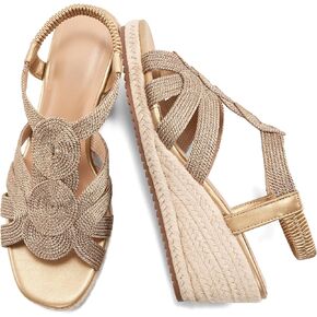 HARENCE Wedge Sandals for Women Espadrilles: Comfortable Platform Elastic Ankle Strap Wedges Heels Dressy Open Toe Summer Wedding Shoes