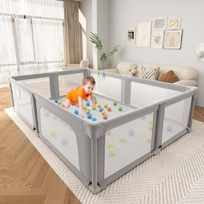 Baby Playpen, 73" x 61" Lareg Foldable Playpen with Mat for Babies and Toddlers, Play Pen with Soft Breathable Mesh, Ocean Balls and Pull Links, Baby Playard for Indoor & Outdoor, Gray