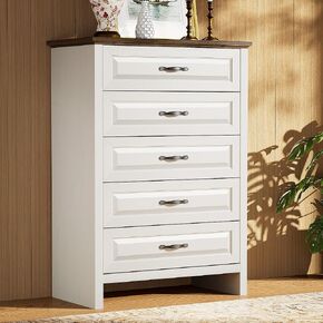 Amada 5 Drawer Dresser for Bedroom with Wood Drawers, Supports up to 22 lbs per Drawer, Anti-Tip Design for Safety, 5 Farmhouse Dresser Drawer Unit for Bedroom, Hallway, Brown and White