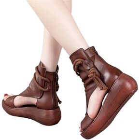 Women Summer Sandals Comfortable Wedges Shoes Soft Sole High Top Fish Mouth Sandals Vintage PU Leather Plus Size Sandalias (Color : Black, Shoe Size : 6.5)