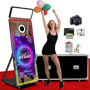 Magic Mirror 65inch Photo Booth 43inch Interactive Touch Screen Built-in Mini PC Mirror Photobooth Machine with Instant Printing & Sharing for Wedding Parties (White, Photo Booth)