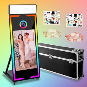 Magic Mirror Photo Booth 65’’ with Flight Case, Selfie Mirror Photo Booth App Remote Control RGB Light, Instant Print and Sharing 43’’ Touch Screen for Event Party Wedding Rental