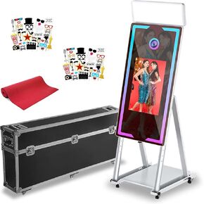 Magic Mirror Photo Booth 45in with Camera and Printer, 22" Interactive Touch Screen Built-in Mini PC with Square Fill Light and Flight Case for Events Parties Wedding Rental (Black+ Cameras +Printer)