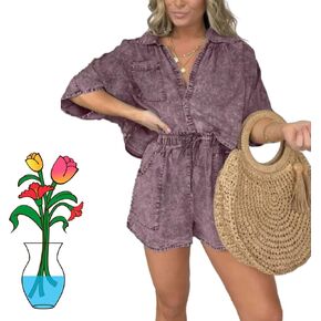 2024 New Washed Denim Tencel Set, Women's Casual Comfortable Top Up Shorts Set, Women's Casual V Neck Loose Short in Saudi Arabia
