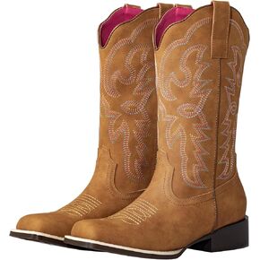 Shesole Women's Fashion Wide Square Toe Western Cowgirl Boots Boots Mid Calf مع Danvable Latex Insole Spur Ridge Heel لركوب الخيل Rodeo Country Concert Line Wedding Line