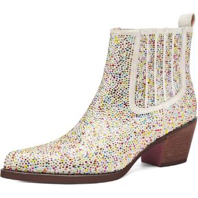 Tsrenlmln Cowboy Boots for Women - Cowgirl Rhinestone Boots with Pointed Toe Western Boot Chunky Heel Pull-On Wide Calf