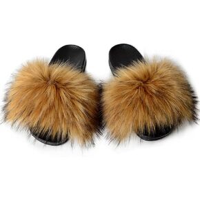 MH Bailment Womens Furry Fluffy Slippers Faux Fur House Slippers Open Toe Slides Slips Slip Flaw على الصنادل للداخل في الهواء الطلق in Kuwait