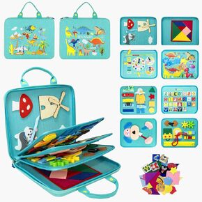 Busy Board Montessori Toys for Toddlers 1 2 3 4 Year-Busy Book Board Travel Toy for Plane Car, Birthday Gift for Boys Girls-Preschool Educational Learning Sensory Activity Motor Skills (Green)