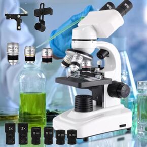 Binocular Microscope for Adults Kids, 40X-2000X Compound Binocular Microscope for Students Home School Education - Adjustable LED/Condenser Lens/Coaxial and Fine Focus,White