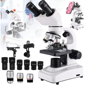Binocular Microscope For Adults Kids Students, 40x-2400x Biological Compound Microscope,3 Objective Lens:4x/10x/100x, 4 Eyepiece: 2*16x 2*30x,Magnifier: 2*2x,Dual Led Illumination,White