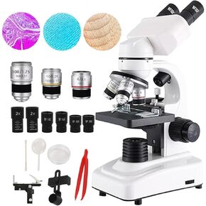 Binocular Microscope For Adults Kids Students, 40x-2400x Biological Compound Microscope,3 Objective Lens:4x/10x/100x, 4 Eyepiece: 2*16x 2*30x,Magnifier: 2*2x,Dual Led Illumination,White