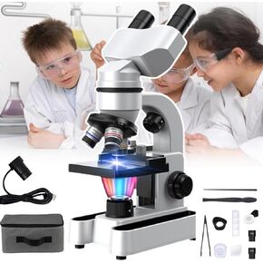 Compound Binocular Microscopes 40x-1600x with Electronic Eyepiece,for Kids Students Adults, Microscope Accessories,7-Color Led Lighting and 360° Rotation, for School Laboratory,White