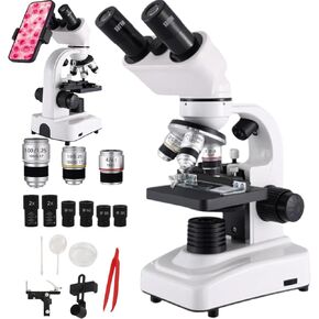 Binocular Microscope For Adults Kids Students, 40x-2400x Biological Compound Microscope,3 Objective Lens:4x/10x/100x, 4 Eyepiece: 2*16x 2*30x,Magnifier: 2*2x,Dual Led Illumination,White
