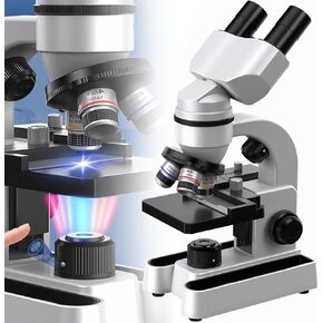 Microscope for Adults Kids Students,40x-1600x Microscopes,Metal-Body 7-Color Led Lighting Illumination,Biological Compound Binocular Microscope Kit for School Lab,Home,School,White