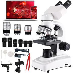 Binocular Compound Microscope 40X-2400X, Research Grade Professional Microscope with Dual LED lighting&Coaxial Coarse/Fine Focus Knobs, Built-in Electronic Eyepieces&Mobile phone holder ,White