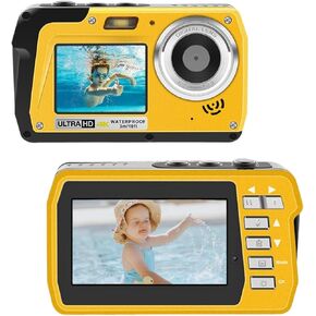 4K Underwater Camera, Full HD 4K&48MP Compact, 10FT Waterproof Camera for Snorkeling, Surfing, Rafting, Dual-Screen for Selfie/16X Digital Zoom/Fill Light/Support 128GB （Yellow）
