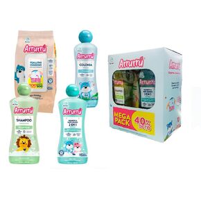 Arrurru Mega Pack Colonia Original 400 ml - Shampoo Cabello Claro 400 ml - Shammpoo y Baño Líquido 2 en 1 400 ml - Toallitas Húmedas Avena & Karite 120