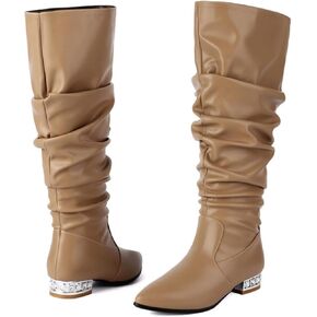 Aflngle Women's Sexy Pointed Toe Knee High Boots Denim Slouchy Low Block Heels Flats Thigh High Boots Fashion Pleated Wide Calf Tall Booties