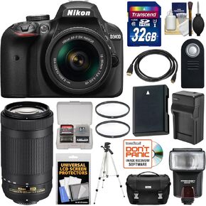 Nikon D3400 Digital SLR Camera & 18-55mm VR & 70-300mm DX AF-P Lenses with 32GB Card + Case + Flash + Battery & Charger + Tripod + Filters + Kit