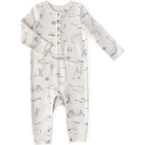 PEHR Long Sleeve Henley Patch Pocket Romper, Life Aquatic | Organic Cotton Baby Outfit | Ocean-Inspired Unisex Print |