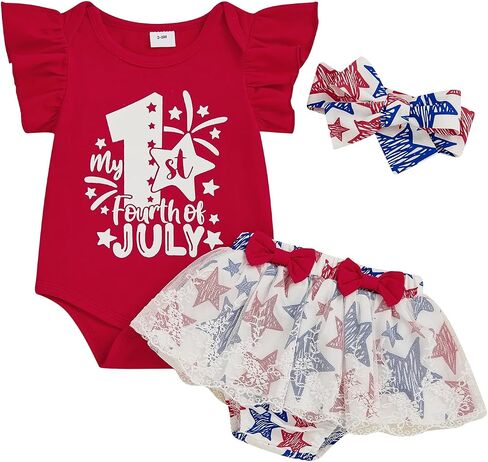 Toddler Baby Girl 4th Of July Outfit Ruffle Romper Star Shorts Skirt Headband Independence Day Clothes Dress Set in Kuwait