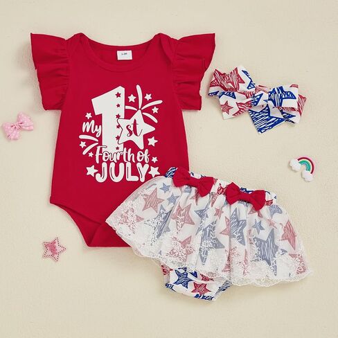 Toddler Baby Girl 4th Of July Outfit Ruffle Romper Star Shorts Skirt Headband Independence Day Clothes Dress Set in Kuwait