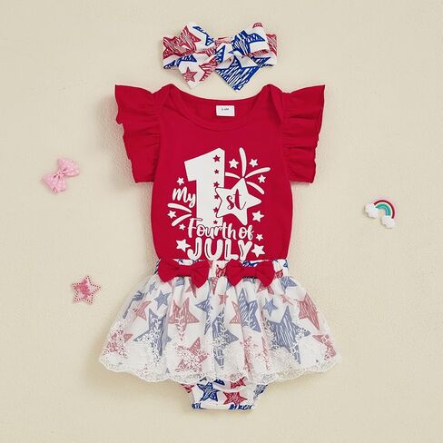 Toddler Baby Girl 4th Of July Outfit Ruffle Romper Star Shorts Skirt Headband Independence Day Clothes Dress Set in Kuwait