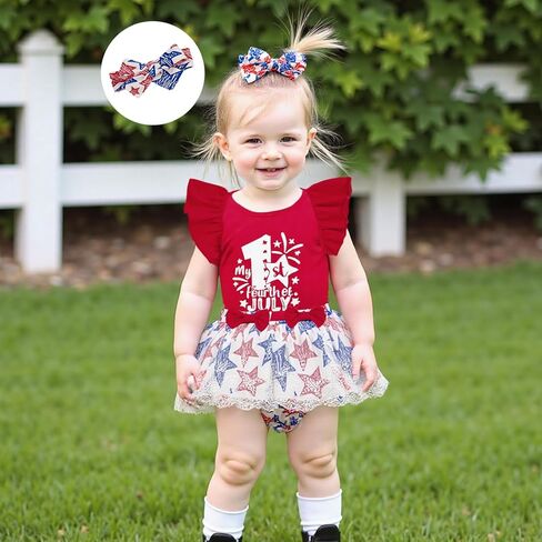 Toddler Baby Girl 4th Of July Outfit Ruffle Romper Star Shorts Skirt Headband Independence Day Clothes Dress Set in Kuwait
