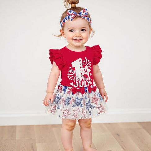 Toddler Baby Girl 4th Of July Outfit Ruffle Romper Star Shorts Skirt Headband Independence Day Clothes Dress Set in Kuwait