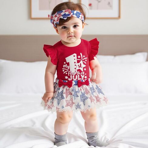 Toddler Baby Girl 4th Of July Outfit Ruffle Romper Star Shorts Skirt Headband Independence Day Clothes Dress Set in Kuwait