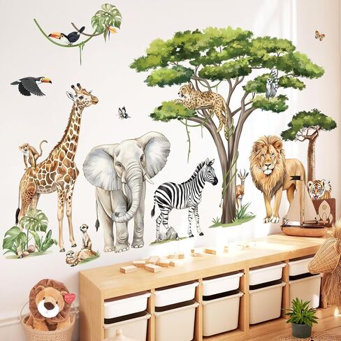 decalmile Large Jungle Animals Tree Branch Wall Stickers Safari Elephant Giraffe Leopard Tropical Leaves Wall Decals Baby Nursery Kids Room Wall Decor(XXL) in Saudi Arabia