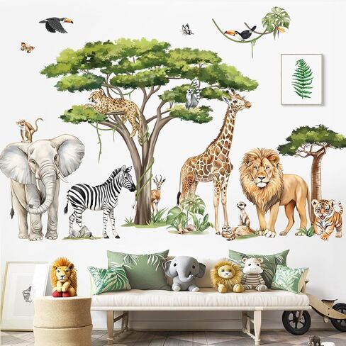 decalmile Large Jungle Animals Tree Branch Wall Stickers Safari Elephant Giraffe Leopard Tropical Leaves Wall Decals Baby Nursery Kids Room Wall Decor(XXL) in Saudi Arabia