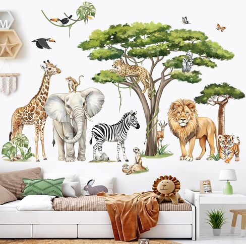 decalmile Large Jungle Animals Tree Branch Wall Stickers Safari Elephant Giraffe Leopard Tropical Leaves Wall Decals Baby Nursery Kids Room Wall Decor(XXL) in Saudi Arabia