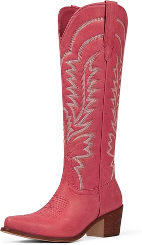 Cowboy Boots for Women - Knee High Cowgirl Boots Pointed Toe Chunky Heel Pull On Classic Embroidered Fashion Retro Western Tall Boots for Women in Kuwait