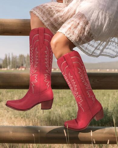 Cowboy Boots for Women - Knee High Cowgirl Boots Pointed Toe Chunky Heel Pull On Classic Embroidered Fashion Retro Western Tall Boots for Women in Kuwait