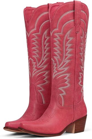 Cowboy Boots for Women - Knee High Cowgirl Boots Pointed Toe Chunky Heel Pull On Classic Embroidered Fashion Retro Western Tall Boots for Women in Kuwait